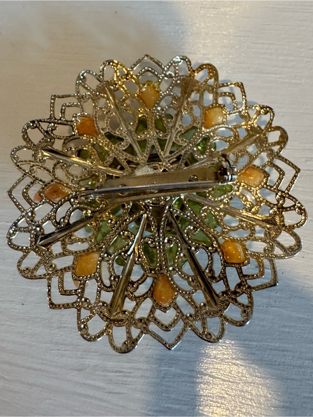 Gold Filigree Floral Brooch with Peach and Green Accents - Picture 7 of 9